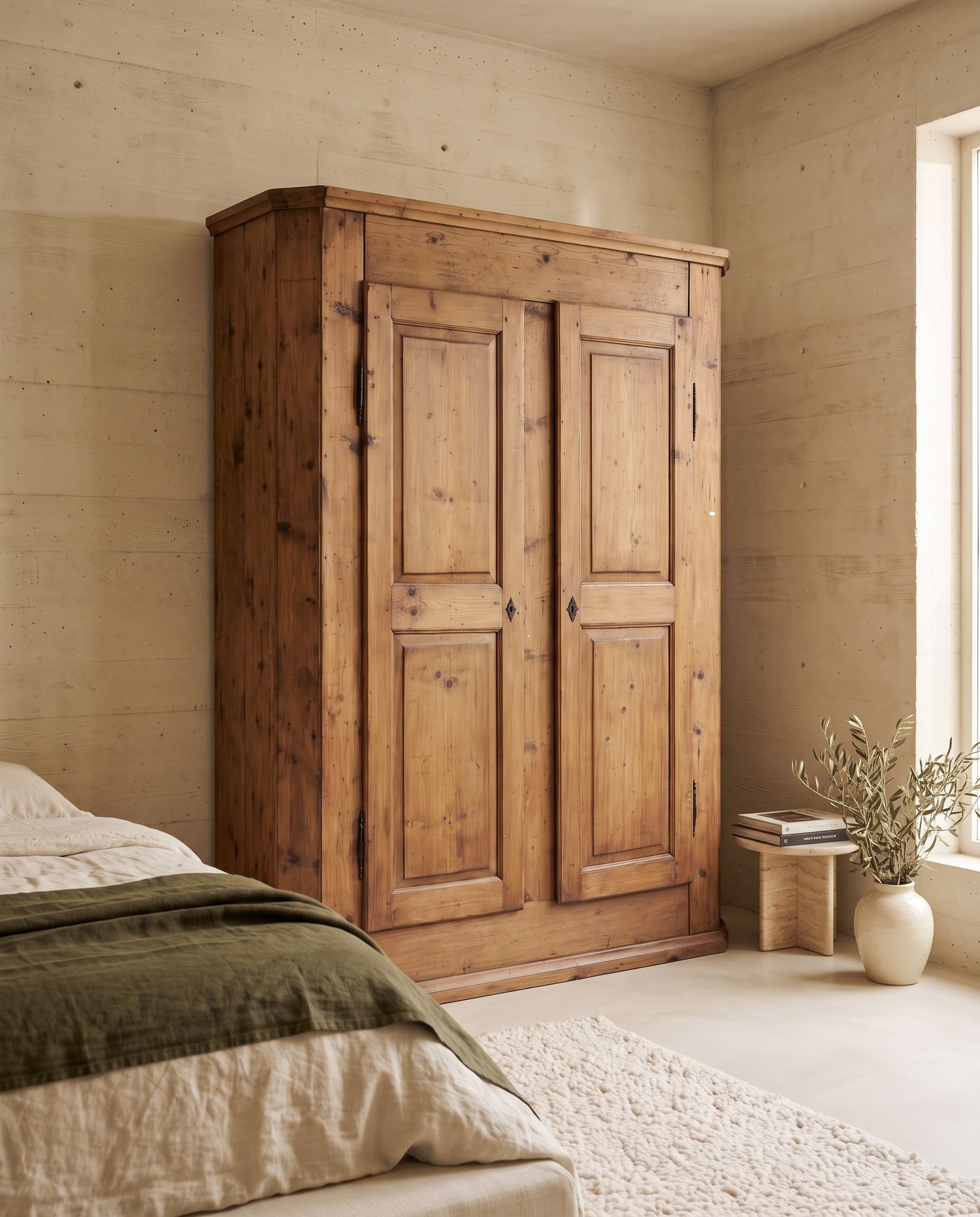 Armadio a due ante in legno nodoso visto dal lato sinistro, accanto a un letto con coperta verde